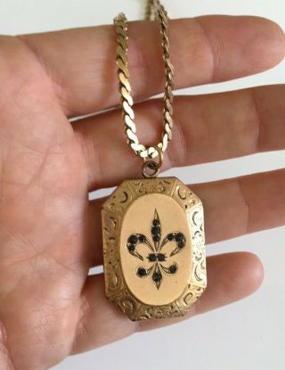 Antique Victorian Gold Filled F&c Co Locket W Black Paste Fleur De Lis Necklace