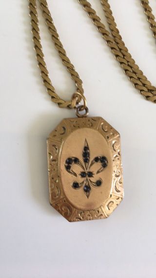 Antique Victorian Gold Filled F&C co Locket w Black paste Fleur De Lis Necklace 8