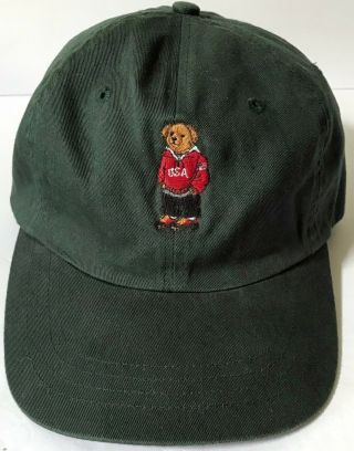 Vintage Polo Ralph Lauren Bear Logo Rn41381 Green Cap Hat One Size Cotton Usa