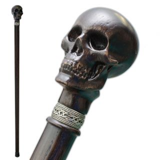 Fancy Carved Skull Head Walking Cane Stick - Wooden Gothic Men 