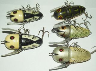 Heddon Crazy Crawler group of five all different sizes,  hardware,  eyes. 2