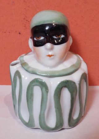 Vintage Art Deco Green Pierrot Clown Porcelain Inkwell Box Harlequin Masquerade