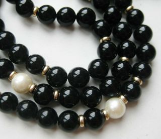 Vintage 14k Yellow Gold Black Onyx White Pearl Bead 30 " Long Necklace