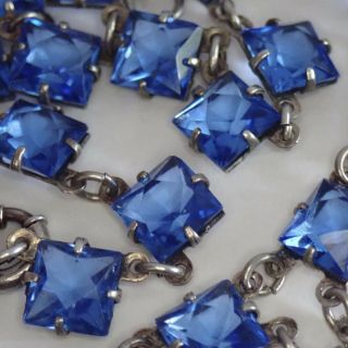 Antique Art Deco Sterling Silver Open Back Set Blue Crystal Collar Necklace