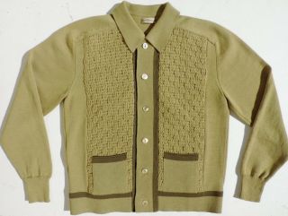 Vtg 50s Mens Wool Cardigan Green Contrast Front Panel Loop Collar Sweater Medium