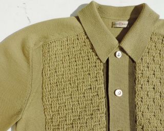 VTG 50s Mens Wool Cardigan Green Contrast Front Panel Loop Collar Sweater Medium 2