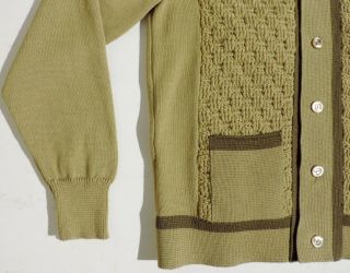 VTG 50s Mens Wool Cardigan Green Contrast Front Panel Loop Collar Sweater Medium 4