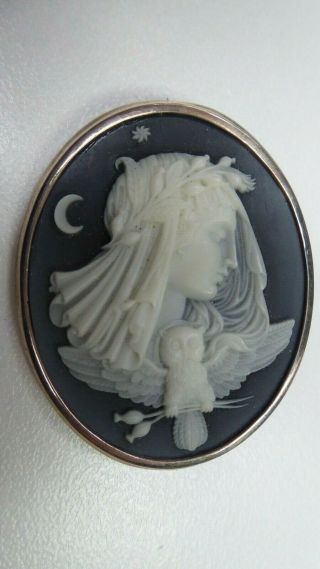 Antique 925 Sterling Silver Lady Head Porcelain Blue Owl Moon Star Cameo Brooch