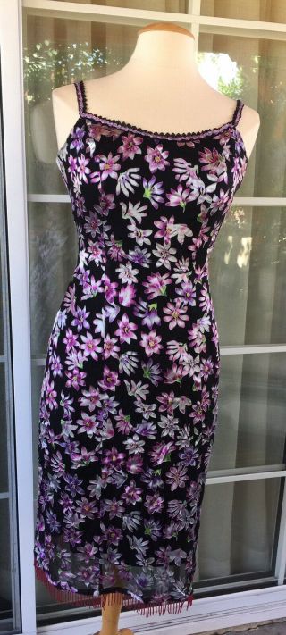 Vintage Betsey Johnson 90’s Slip Dress Black Silk Flowers Beaded Trim Sz Small