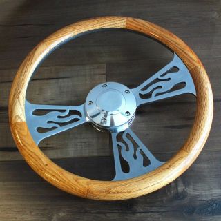 14 " Polished Flame Oak Wood Steering Wheel,  5 Hole Vintage Hot Rod Muscle