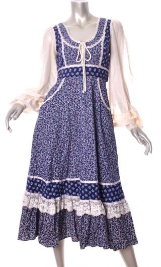 Vintage Gunne Sax By Jessica Prairie Blue Floral Long Sleeve Dress Size 9