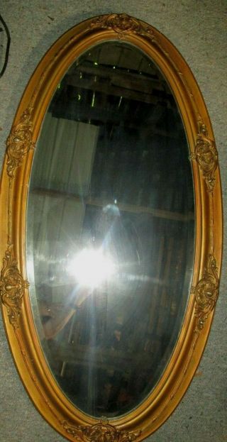 Vintage CARVED WALL MIRROR BAROQUE WOOD GESSO OVAL 45 X 23 INS LARGE HAUNTED 6