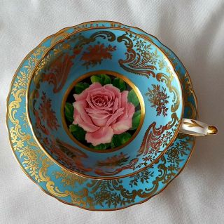 Vintage Paragon Large Pink Cabbage Rose Turquoise Blue Gold Gilt Cup And Saucer