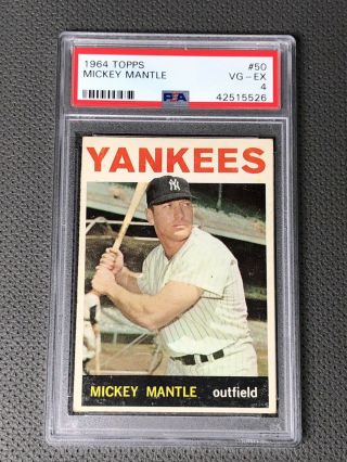 1964 Topps Mickey Mantle Yankees 50 Baseball Card Psa 4 Vg - Ex Vintage Card