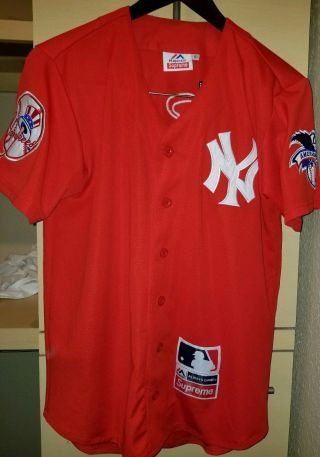 RARE SUPREME York YANKEES Majestic Red Baseball Jersey Small 2015 AUTHENTIC 2