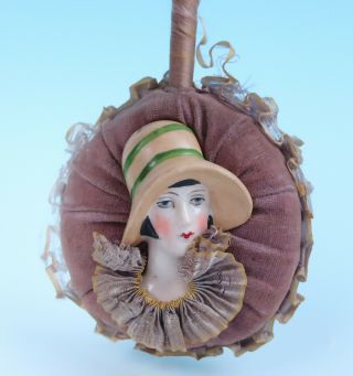 Antique German Art Deco Porcelain Lady Doll Head Powder Puff Wand Patter Half