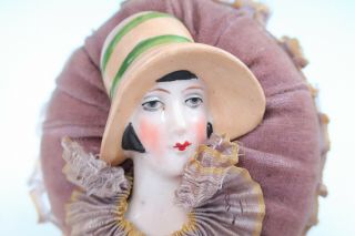 Antique German Art Deco Porcelain Lady Doll Head Powder Puff Wand Patter Half 2