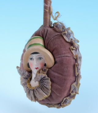 Antique German Art Deco Porcelain Lady Doll Head Powder Puff Wand Patter Half 6