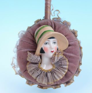 Antique German Art Deco Porcelain Lady Doll Head Powder Puff Wand Patter Half 7