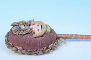Antique German Art Deco Porcelain Lady Doll Head Powder Puff Wand Patter Half 8