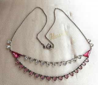 Czech Vintage Art Deco Pink/clear Glass Open Bezel Double Row Necklace