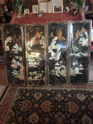 4 Vtg Asian Mother Of Pearl Black Lacquer Wall Panels Chinese Village Scene Nib