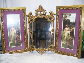 Large 3 Piece Vintage Home Interiors Picture Set With Ornate Mirror Gold Trim