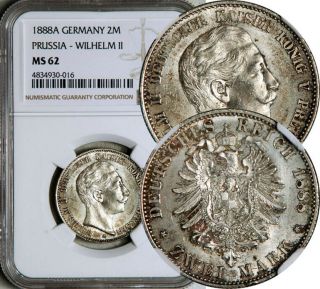 Ngc Ms - 62 Prussia Germany Silver 2 Mark 1888 (wilhelm - Ii) Rare & Sought After