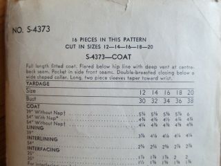 Vogue Special Design S 4373 Vintage sewing coat pattern sz 18 Bust 36 50s 1950s 4