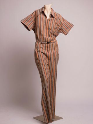 Mens Vintage Bill Parry Jumsuit Size Xl,  Striped Orange And Taupe.