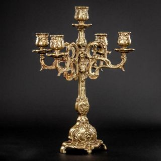 Candelabra Gilt Bronze | Candle Holder Gilded | Vintage 5 Lights Arms | 14 "