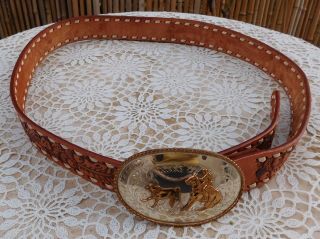 Western Buckle Leather Belt Irvine & Jachens Comstock Silver Vintage Cowboy