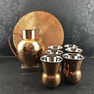 Hand Hammered Copper & Stainless Pitcher,  6 Mugs & Serving Tray Barware Vintage