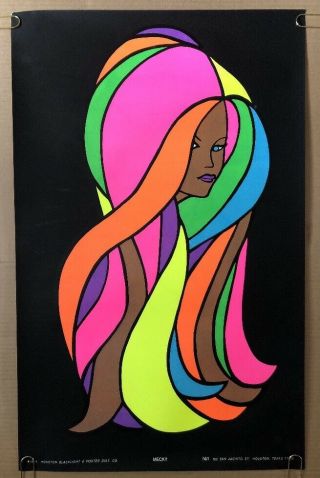 Mecky Hair Vintage Houston Blacklight Poster Psychedelic Pin - Up 1969