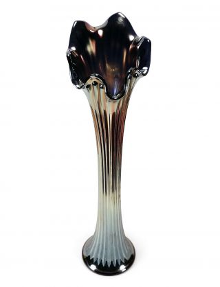 16 1/4 " Vintage Carnival Glass Swung Funeral Vase Cobalt Blue Iridescent Fenton