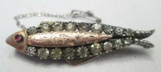 Unusual Victorian Antique Gold Sterling Silver Foil Backed Paste Fish Brooch Pin