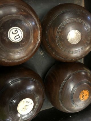 Antique Wooden 4 piece Lawn Bocce Bowling Balls - 1955 London Inlaid Sterling? 3