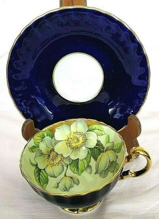 Aynsley Dogwood Floral Vintage Bone China Navy Blue Tea Cup And Saucer England