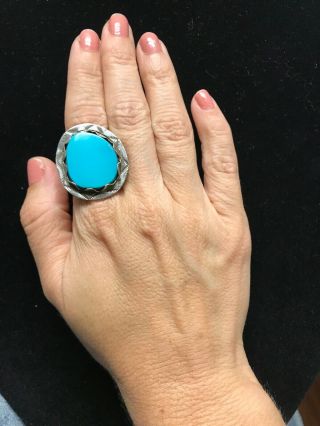 Big Gorgeous Vintage Navajo Sterling Silver Bright Blue Turquoise Ring Sz 8.  5