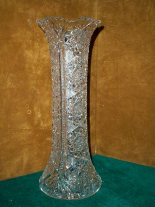 Large Vintage American Brilliant Cut Glass Vase Hobstar Pinwheel Zipper 13.  75 "