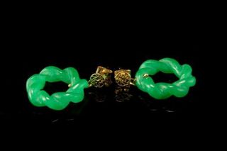 Vintage Chinese Symbol Deep Green Jade 14k Gold Ring Dangle Earrings A51520