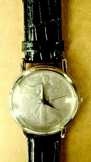 Vintage Unique Mans Wrist Watch Two Walking Liberty 1945 Half Dollars