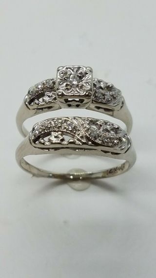 0.  20 Carat Vs2 Vintage Estate 14k White Gold Engagement Wedding Ring Set.