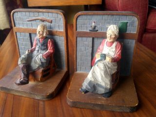 Vtg Wooden Bookends Hand Carved Painted Old Creepy Man & Women Farmhouse Decor