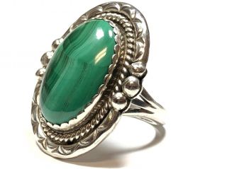 Large Vintage Ladies Sterling Silver Malachite Ring - Size 10