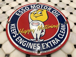 Vintage Esso Motr Oil Porcelain Sign Gas Station Pump Plate " Happy Motoring "