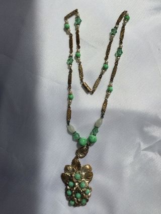 Antique Art Deco 1920s Peking Faux Jade Green Bead Necklace