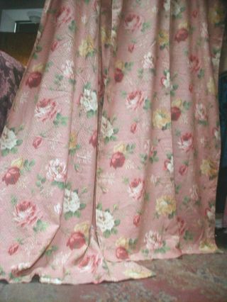 Pair Vintage 1940s Bark Cloth Drapes Pink Roses Waffle Weave Cotton So Pretty