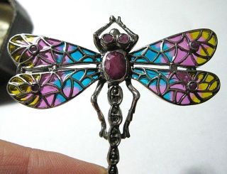 Large Assay Hallmarked 800 Silver Nouveau Plique A Jour Enamel Dragonfly Brooch