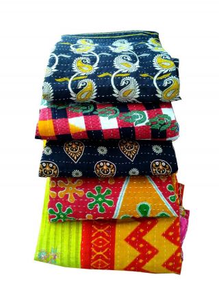 5 PC Indian Kantha Quilts Handmade Vintage Reversible Blanket Bedspread Ethnic 2